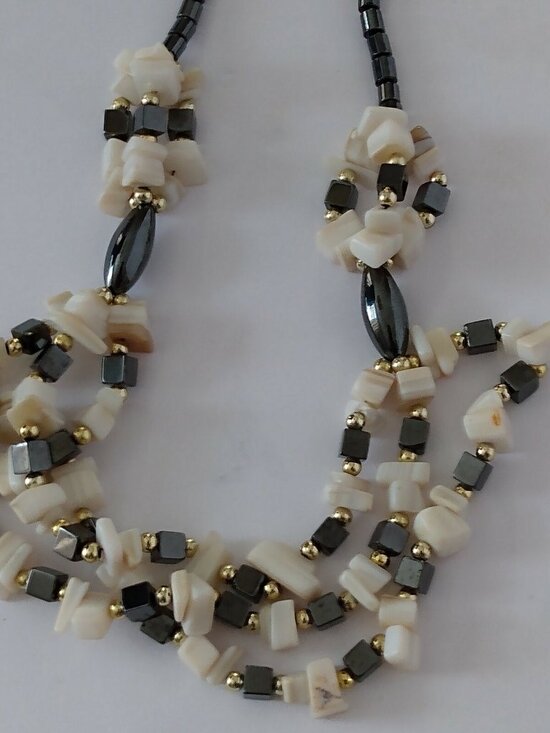 Handmade Jewelry - Vintage Hematite Bead & Shell Festoon Necklace - 17 inches long. Excellent item.